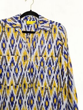 Roberta Roller Rabbit Blue Yellow Patterned Block Print Button Up Top, S